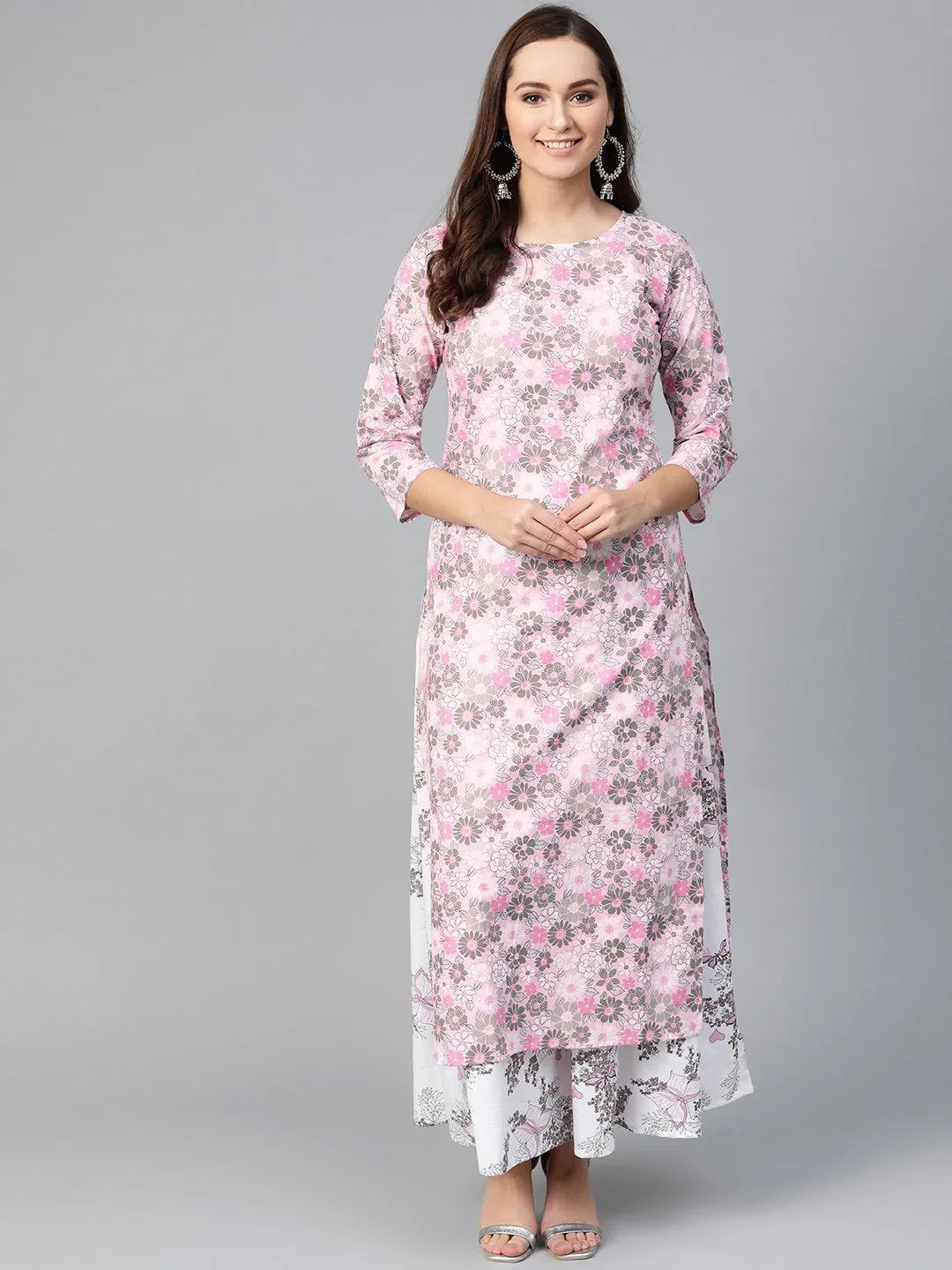 Women Pink & Grey Straight Floral Printed Kurta And Skirt Set