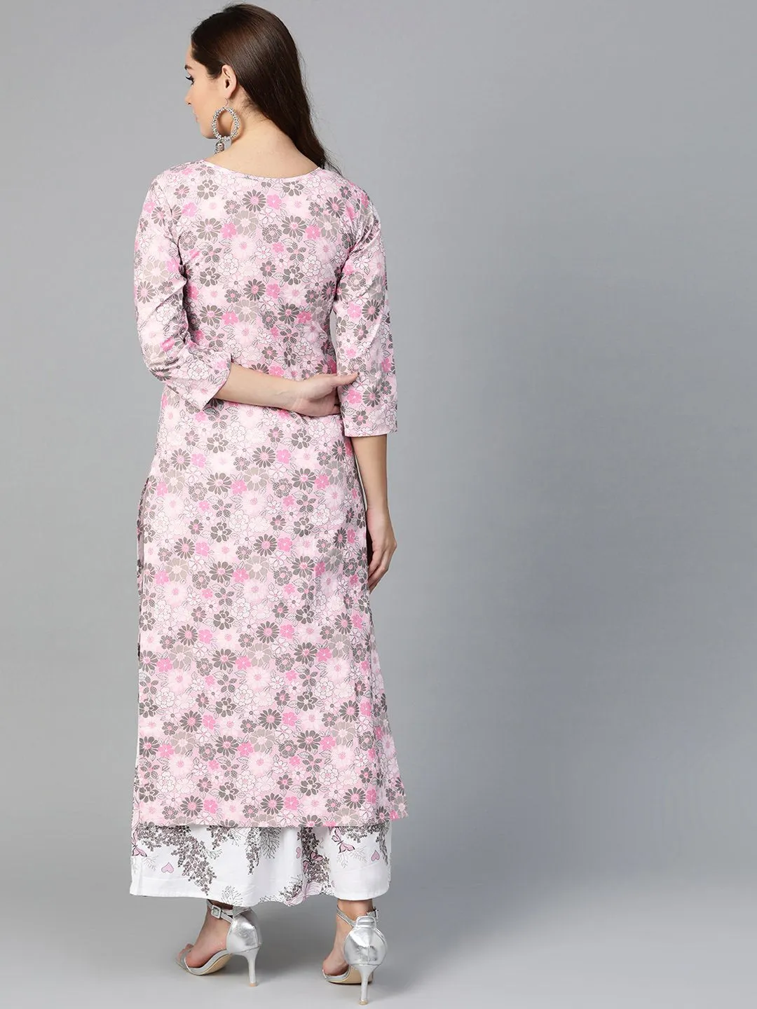 Women Pink & Grey Straight Floral Printed Kurta And Skirt Set