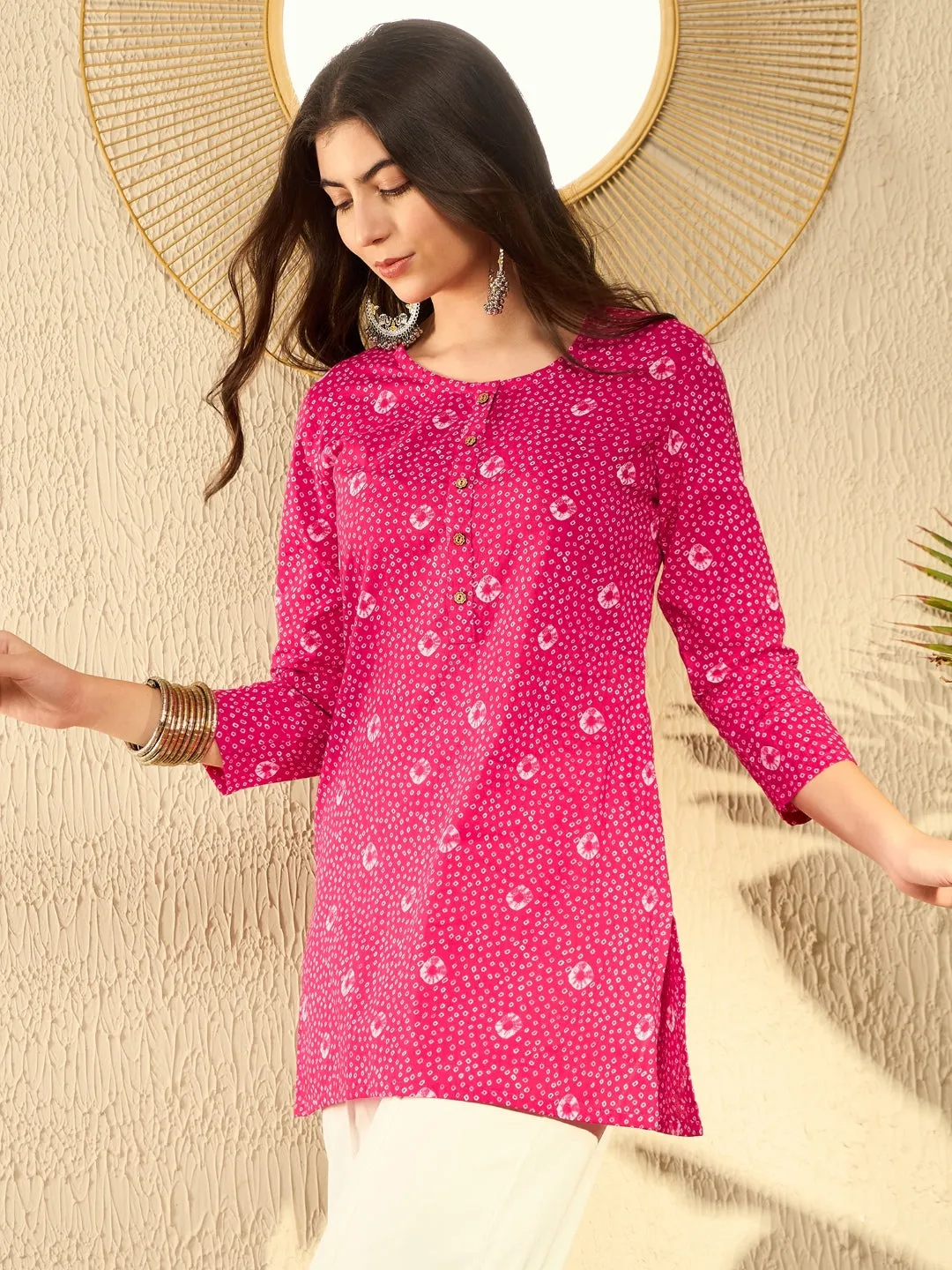 Women Pink Cotton Blend Bandhani Printed Regular Tunic