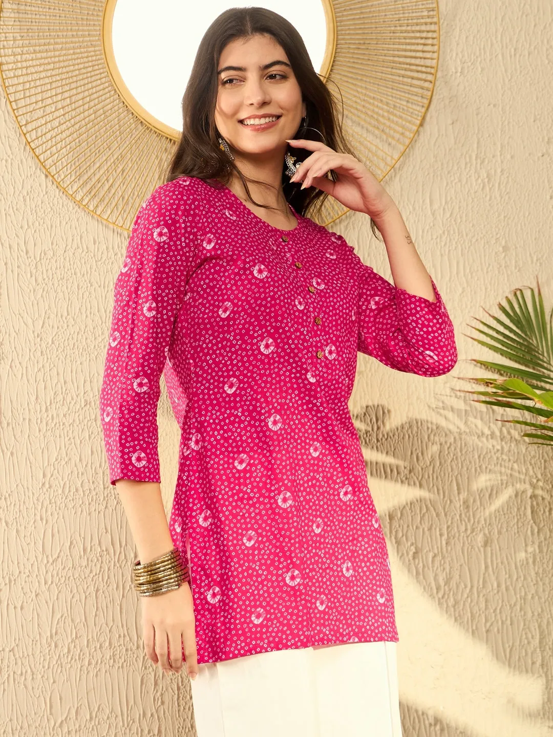 Women Pink Cotton Blend Bandhani Printed Regular Tunic