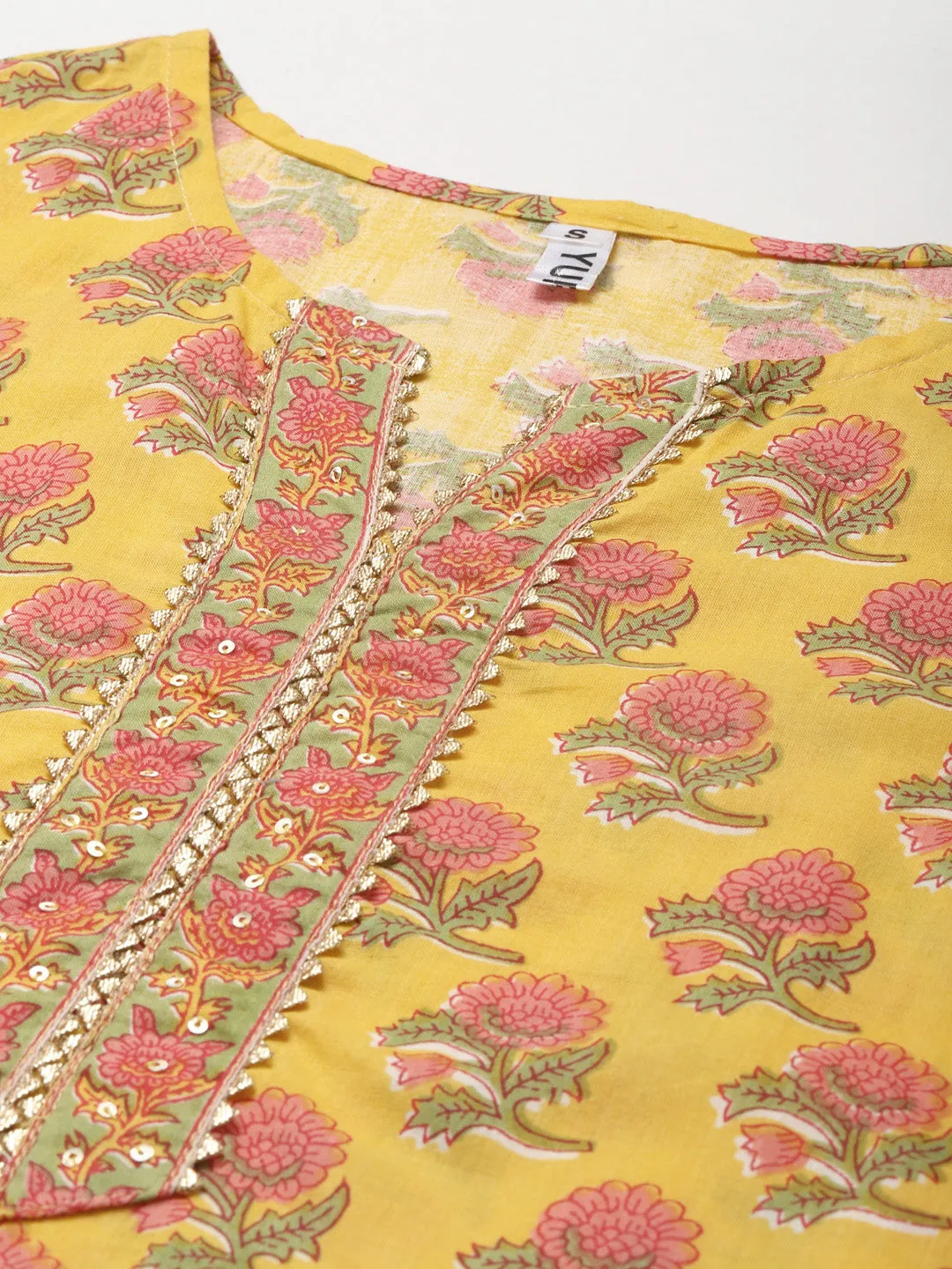 Women Yellow Floral Printed Gotta Patti Cotton Kurta With Trousers & With Dupatta