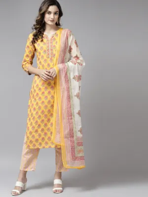 Women Yellow Floral Printed Gotta Patti Cotton Kurta With Trousers & With Dupatta