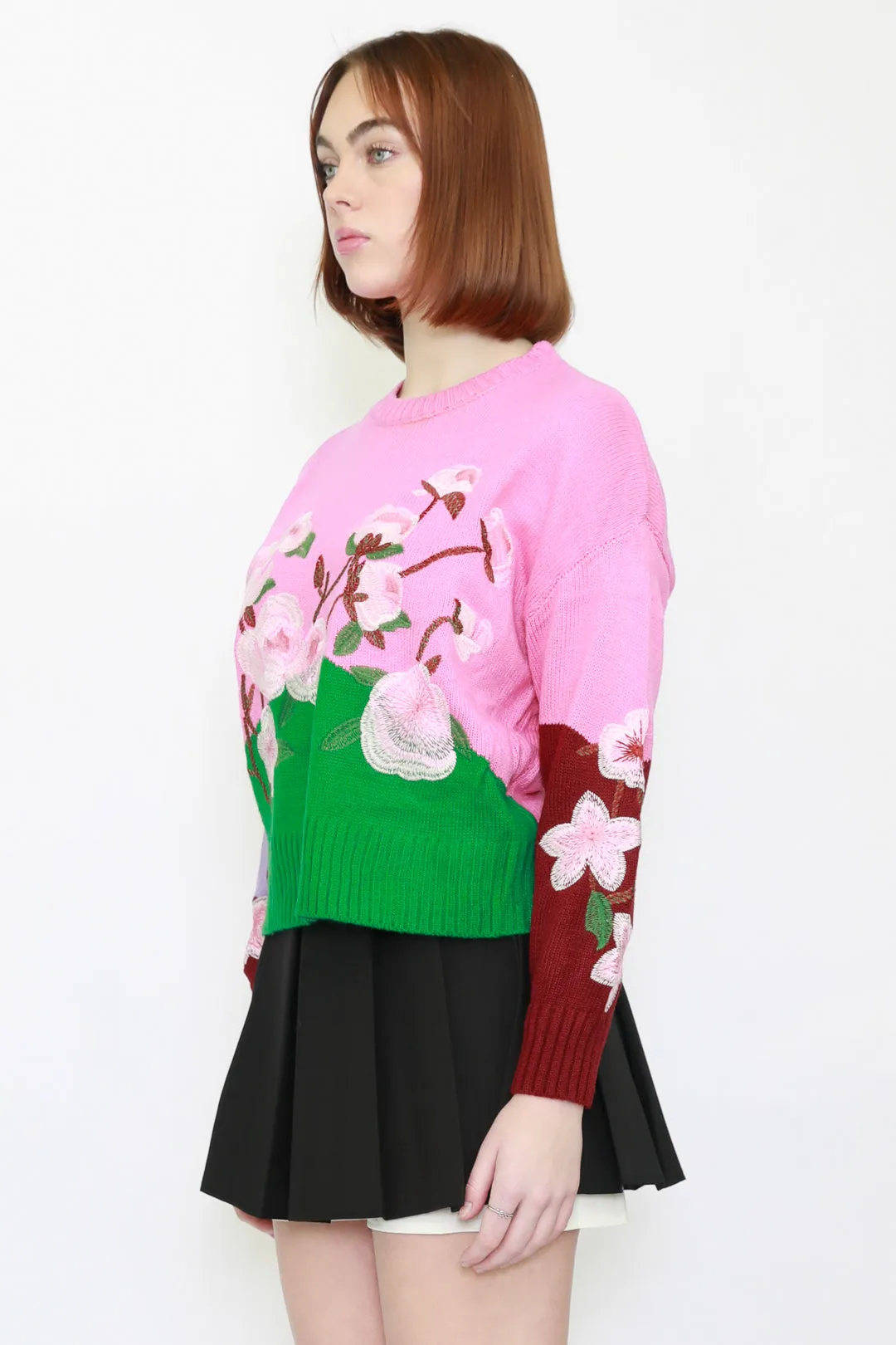 Wool Embroidery Pink Floral Sweater