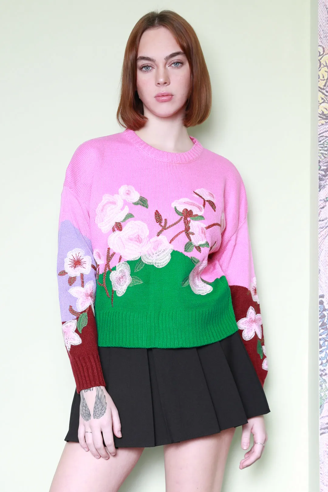 Wool Embroidery Pink Floral Sweater