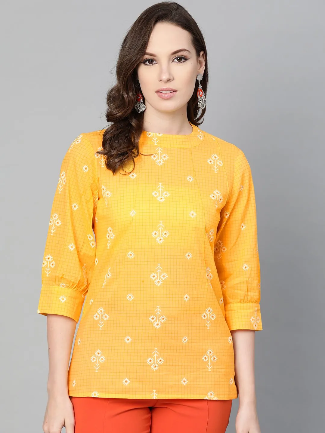 Yellow Floral & Checks Printed A-Line Top