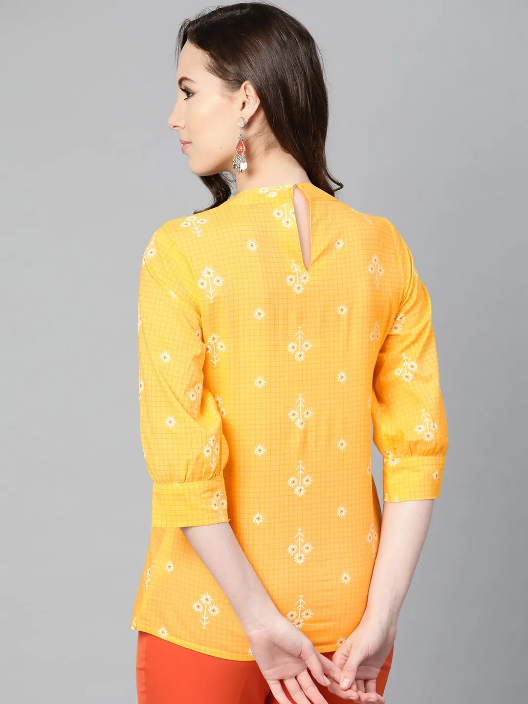 Yellow Floral & Checks Printed A-Line Top