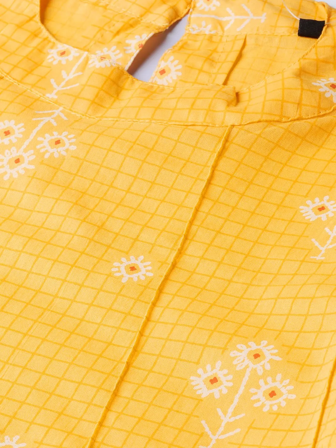 Yellow Floral & Checks Printed A-Line Top