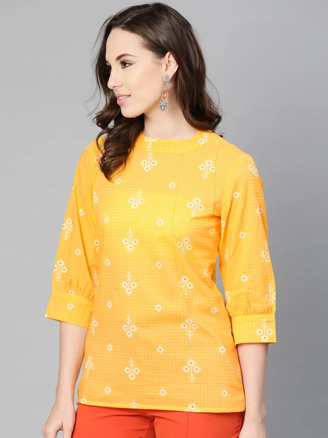 Yellow Floral & Checks Printed A-Line Top