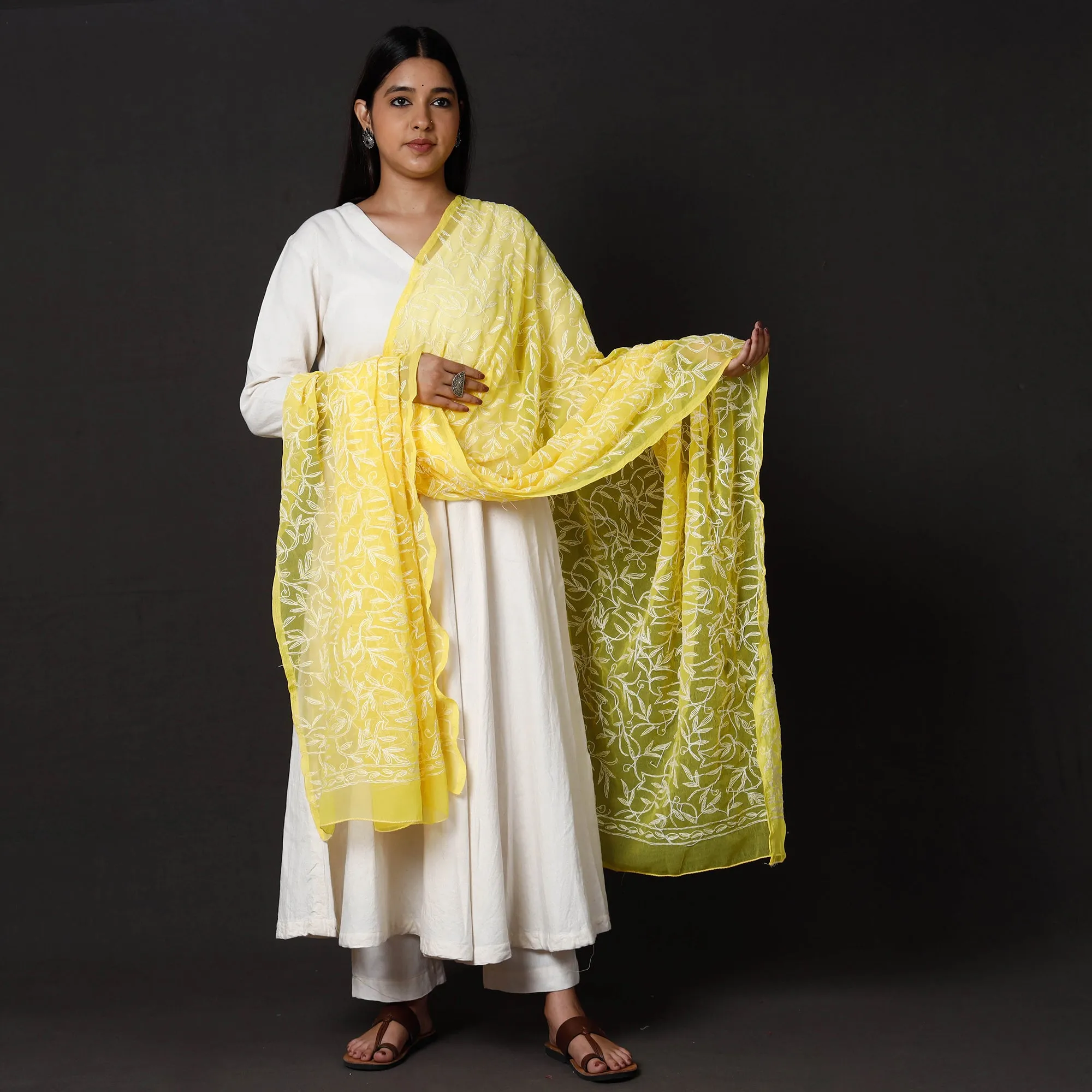 Yellow - Lucknow Chikankari Tepchi Embroidery Georgette Dupatta