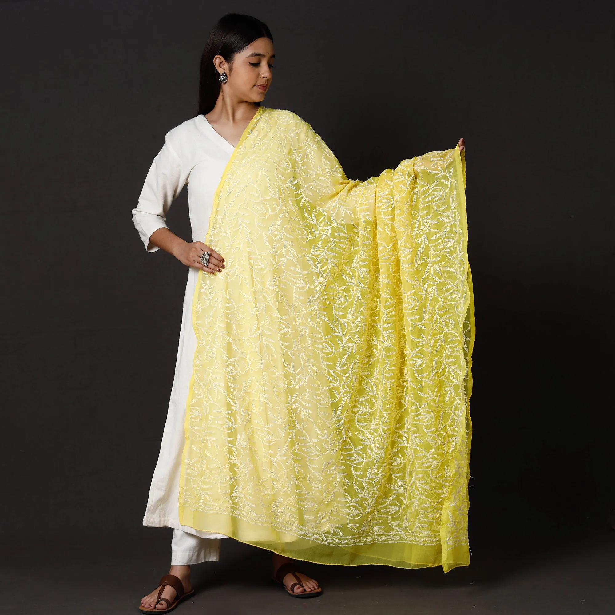 Yellow - Lucknow Chikankari Tepchi Embroidery Georgette Dupatta