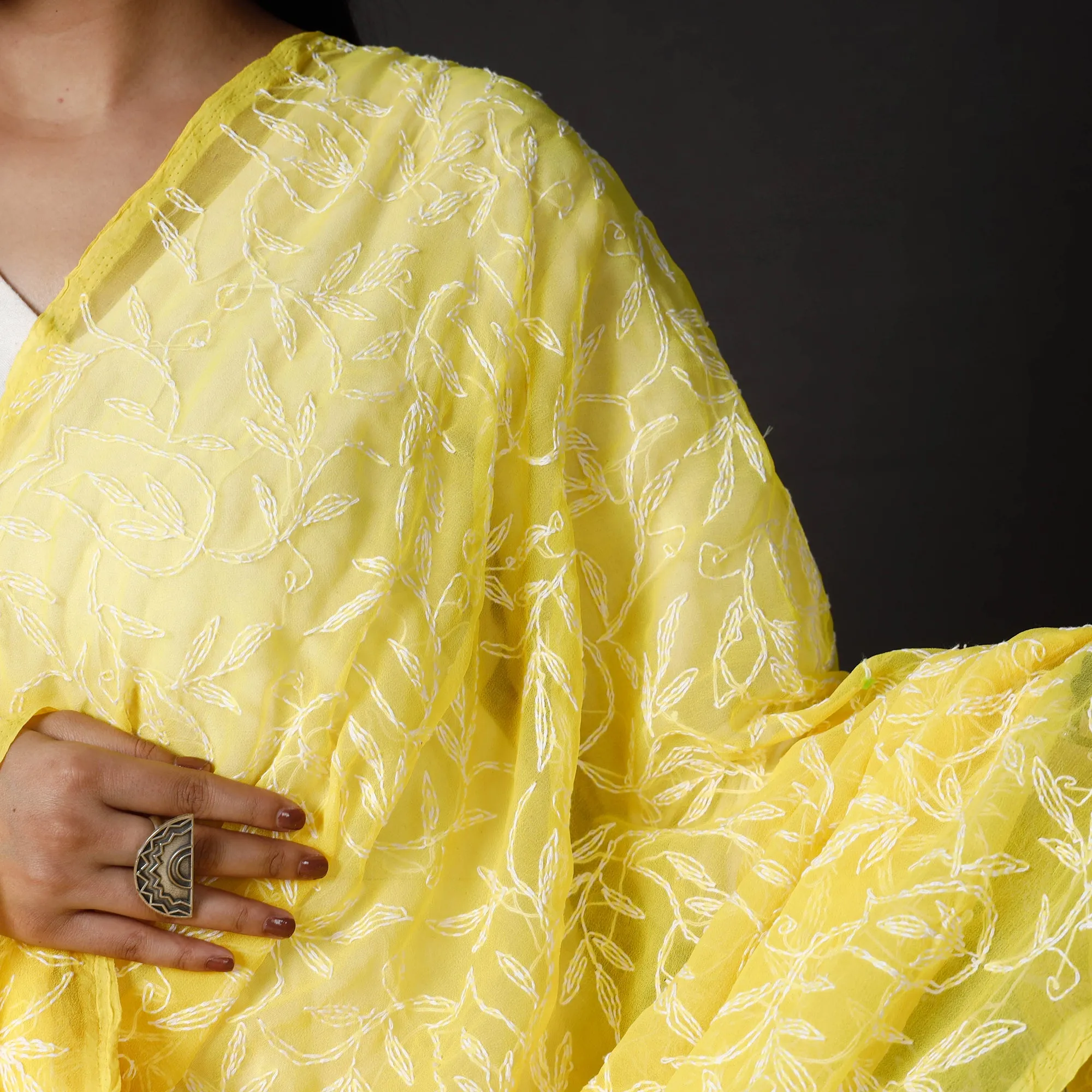 Yellow - Lucknow Chikankari Tepchi Embroidery Georgette Dupatta