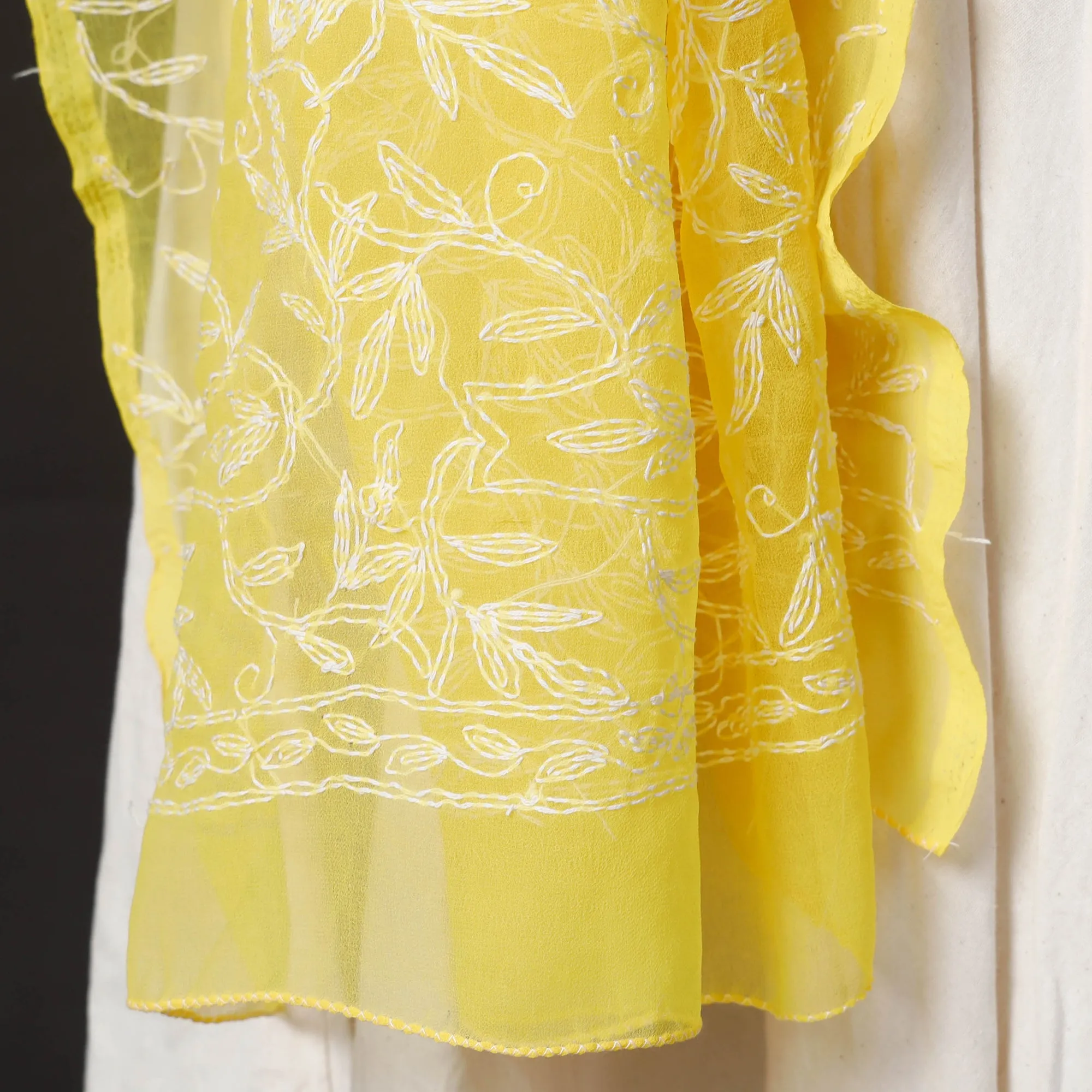 Yellow - Lucknow Chikankari Tepchi Embroidery Georgette Dupatta