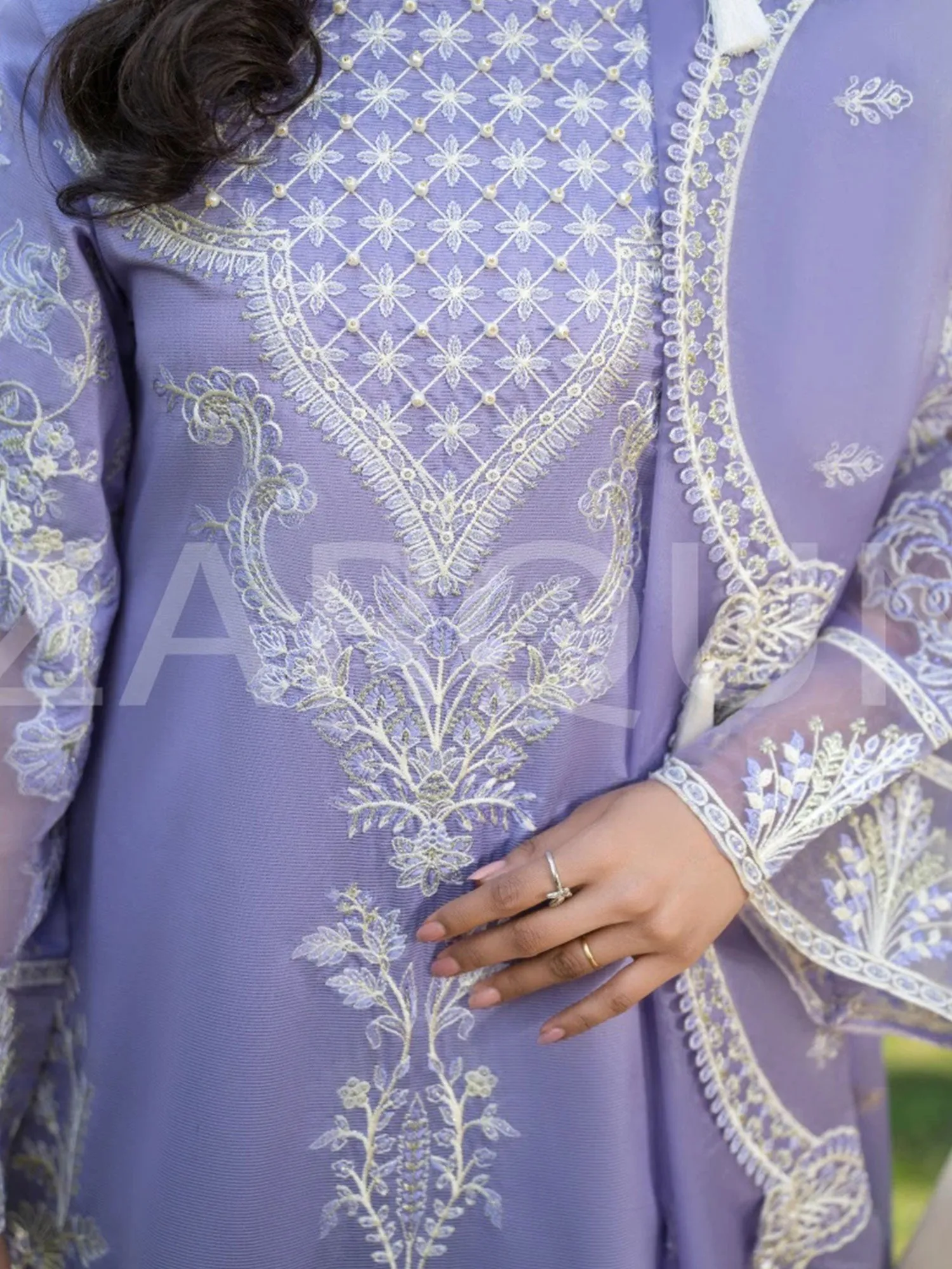 Luxury Zarqun Lilac Embroidered Khadi Cotton Suit (2416B)