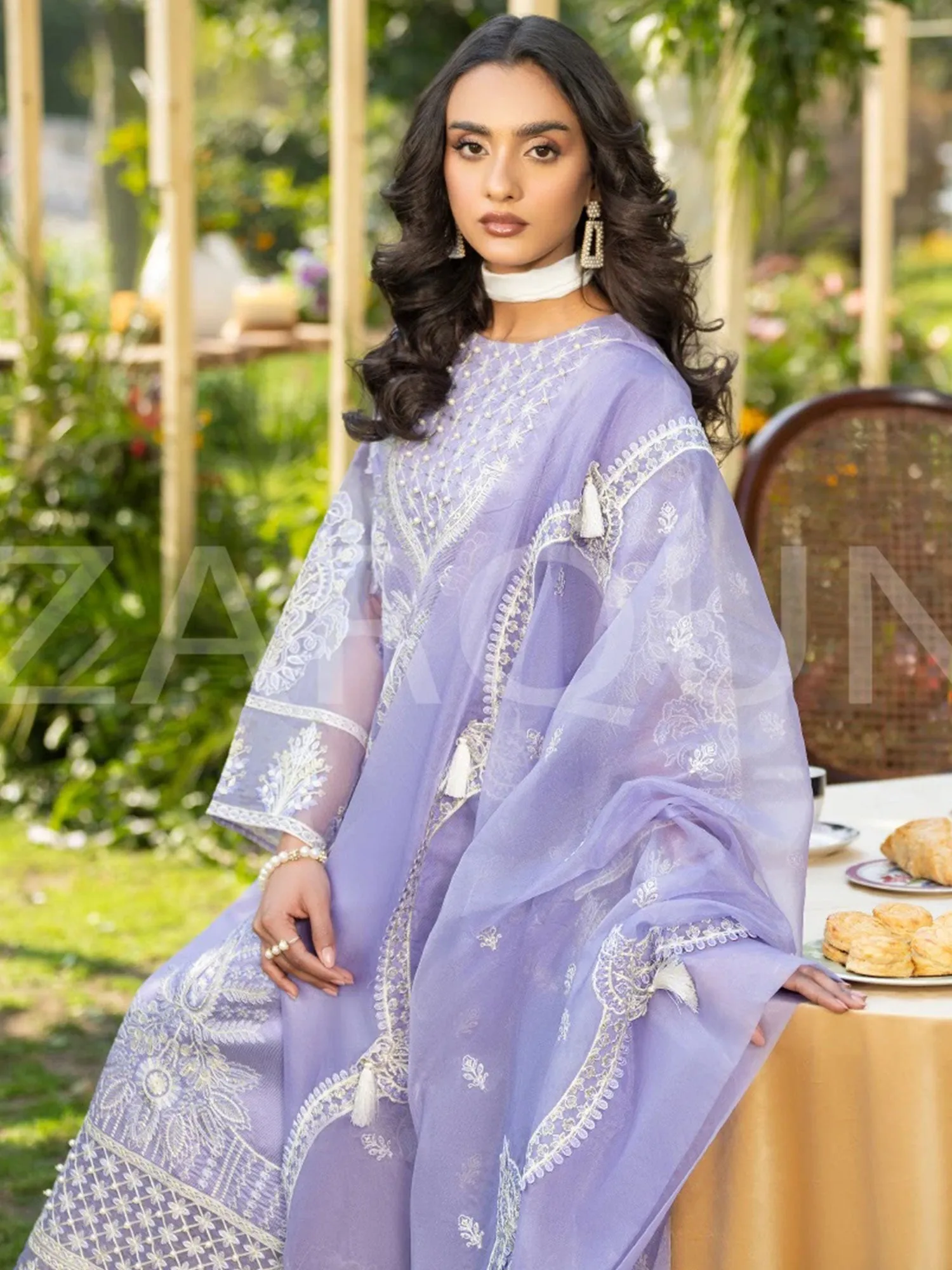 Luxury Zarqun Lilac Embroidered Khadi Cotton Suit (2416B)