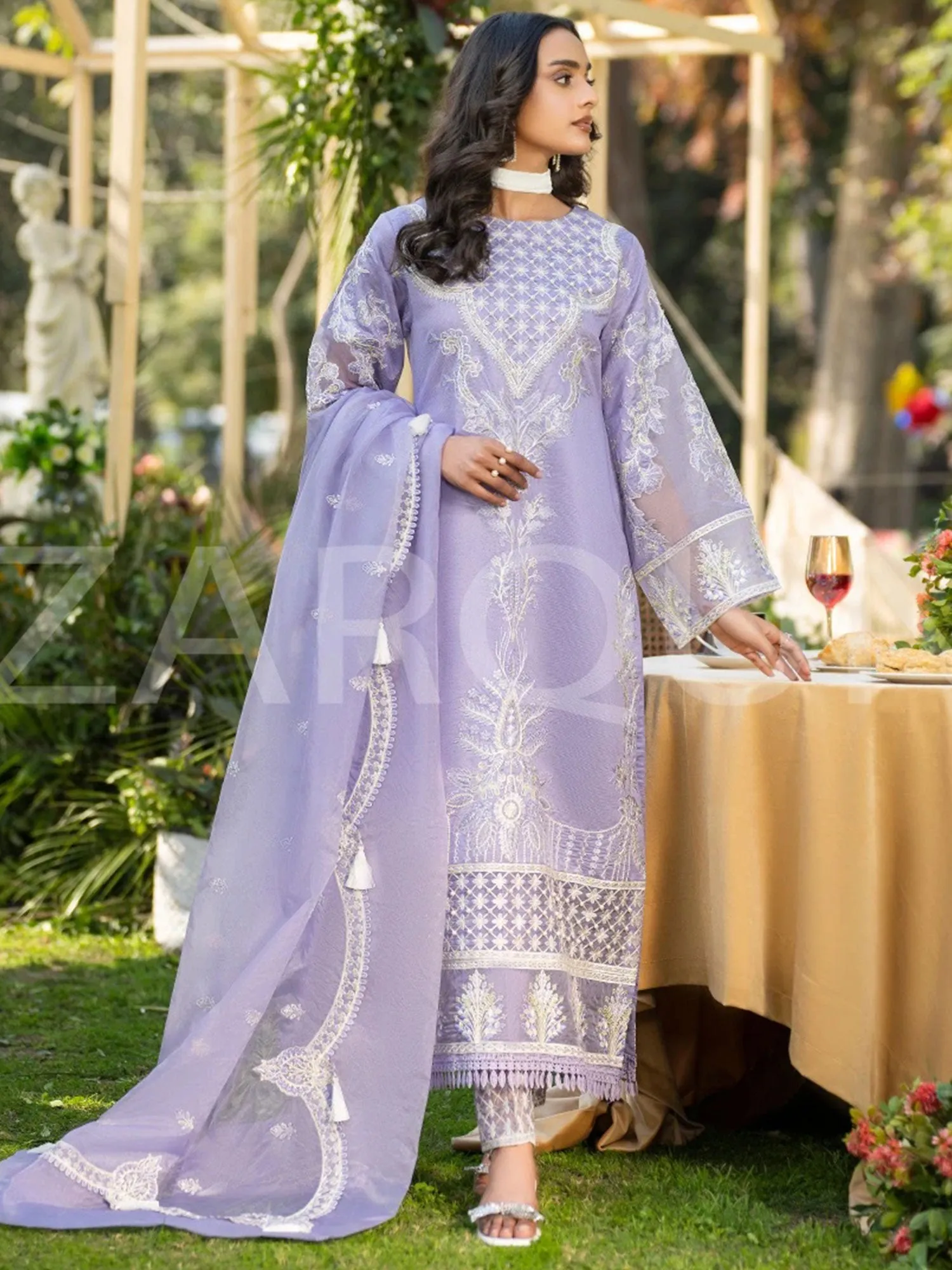 Luxury Zarqun Lilac Embroidered Khadi Cotton Suit (2416B)